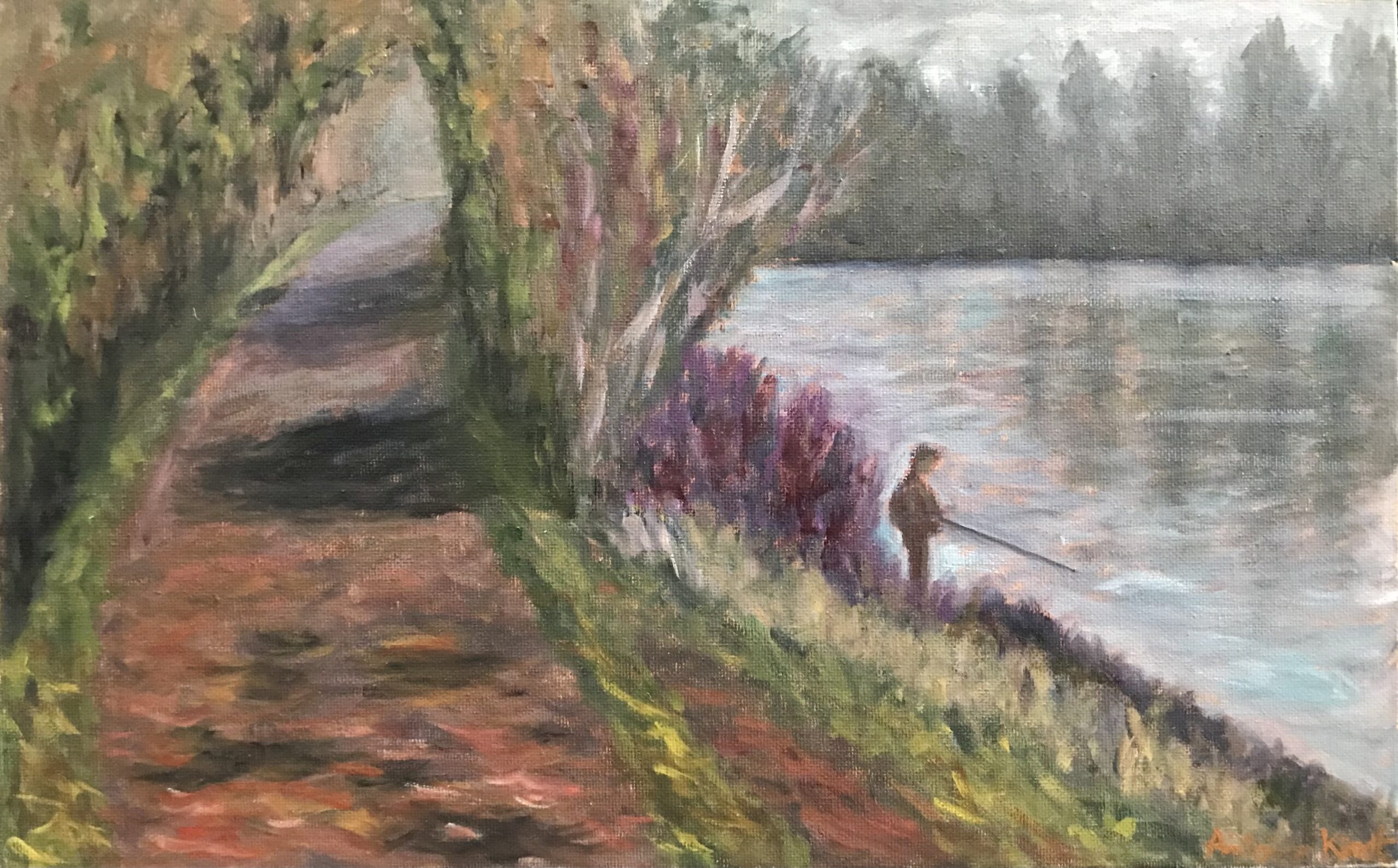 "Le pêcheur au bord du lac" painting