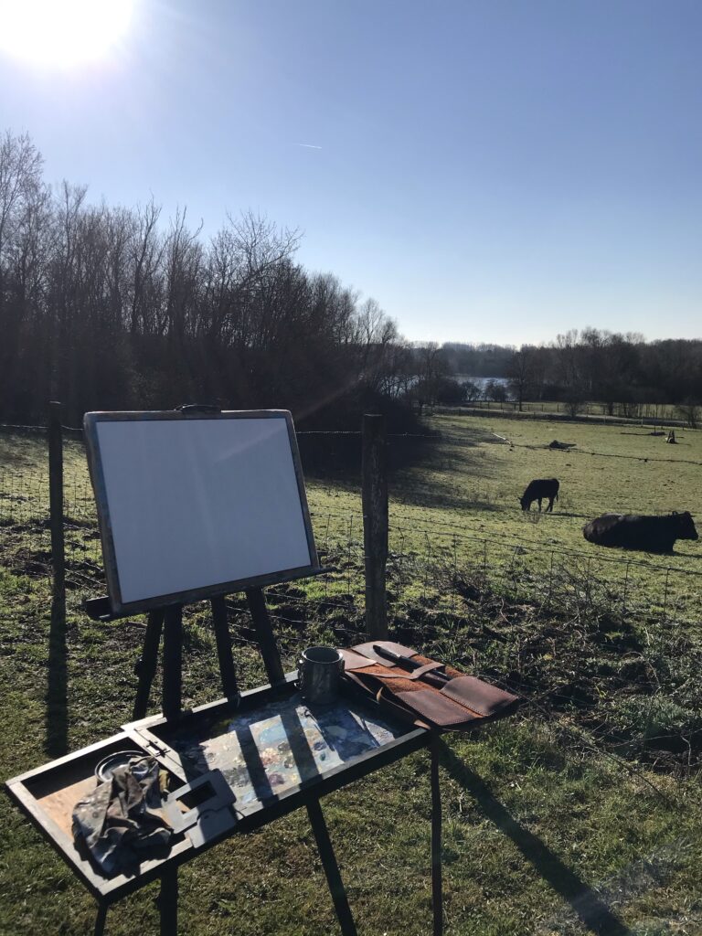 "Cows in a field" painting - Beginning