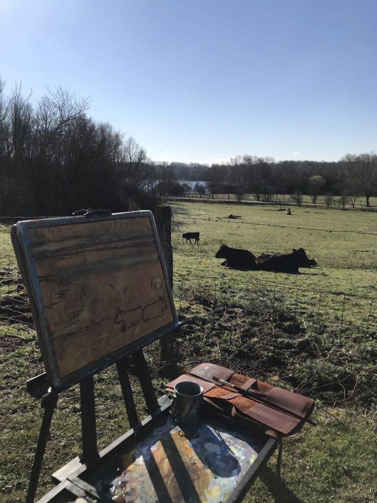 "Cows in a field" painting - Drawing