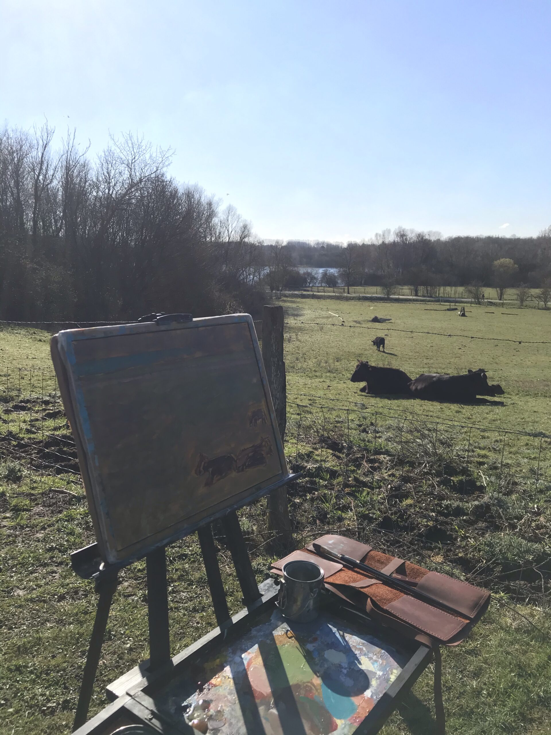 "Cows in a field" painting - First layer